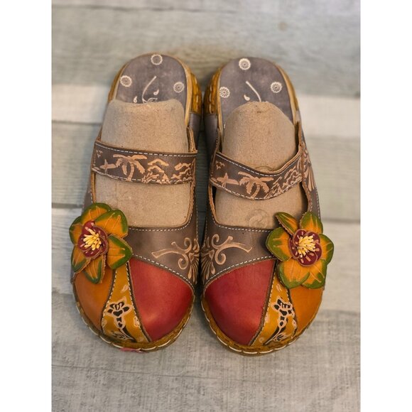 Womens Socofy Boho Handcrafted Leather Floral Slip-On Clogs Size 37 Platform - Picture 1 of 7